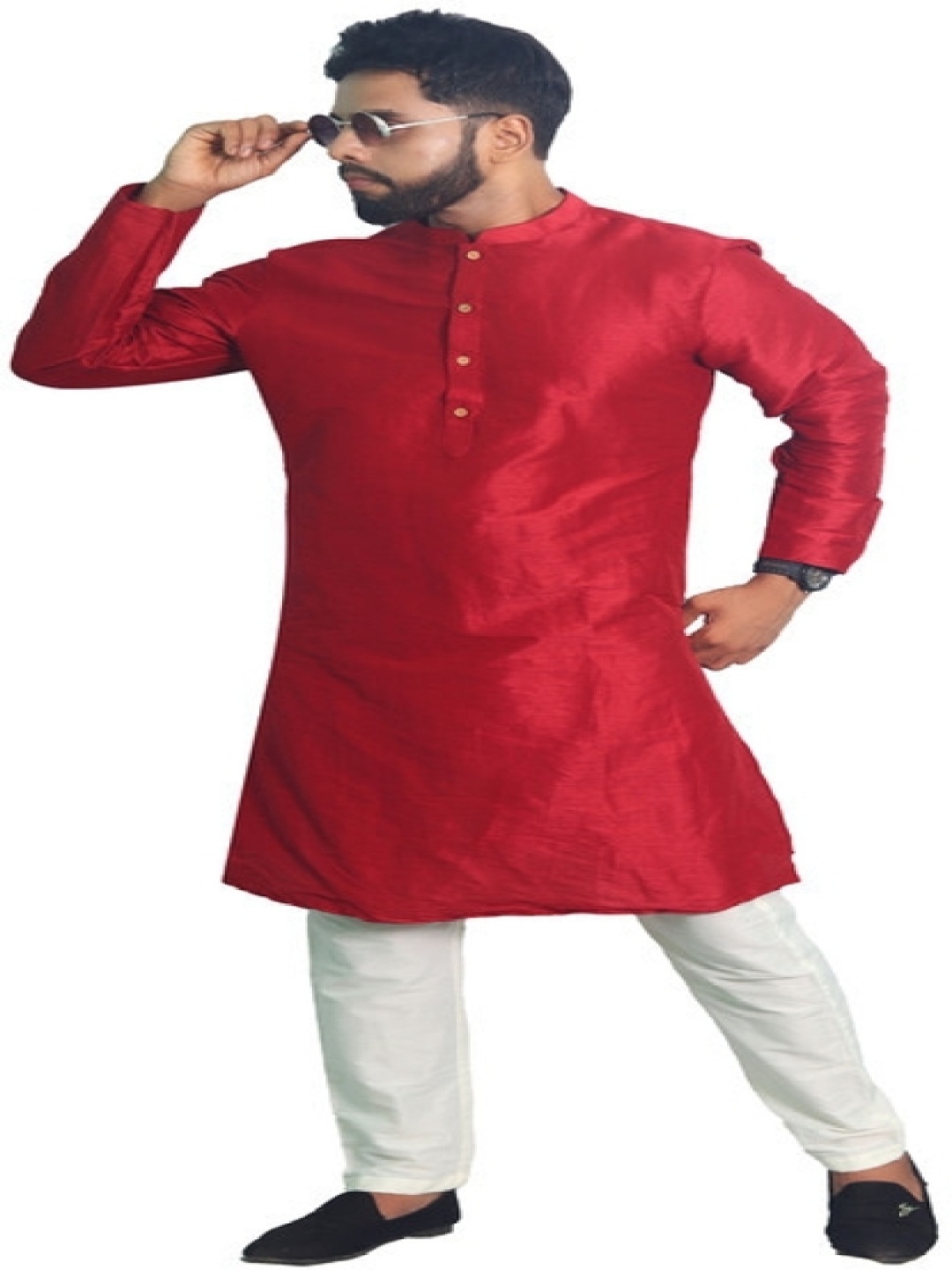 

House of Aqss Mandarin Collar Dupion Silk Straight Kurta With Pyjamas, Red