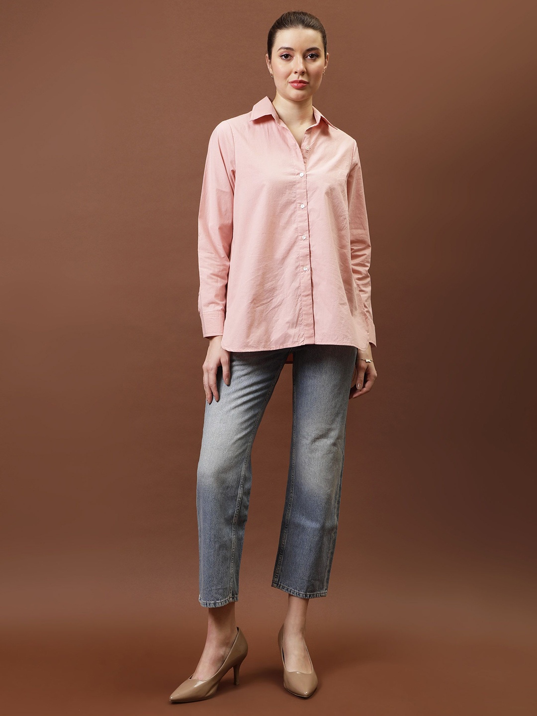 

Athena Immutable Women Relaxed Fit Spread Collar Solid Cotton Casual Shirt, Peach