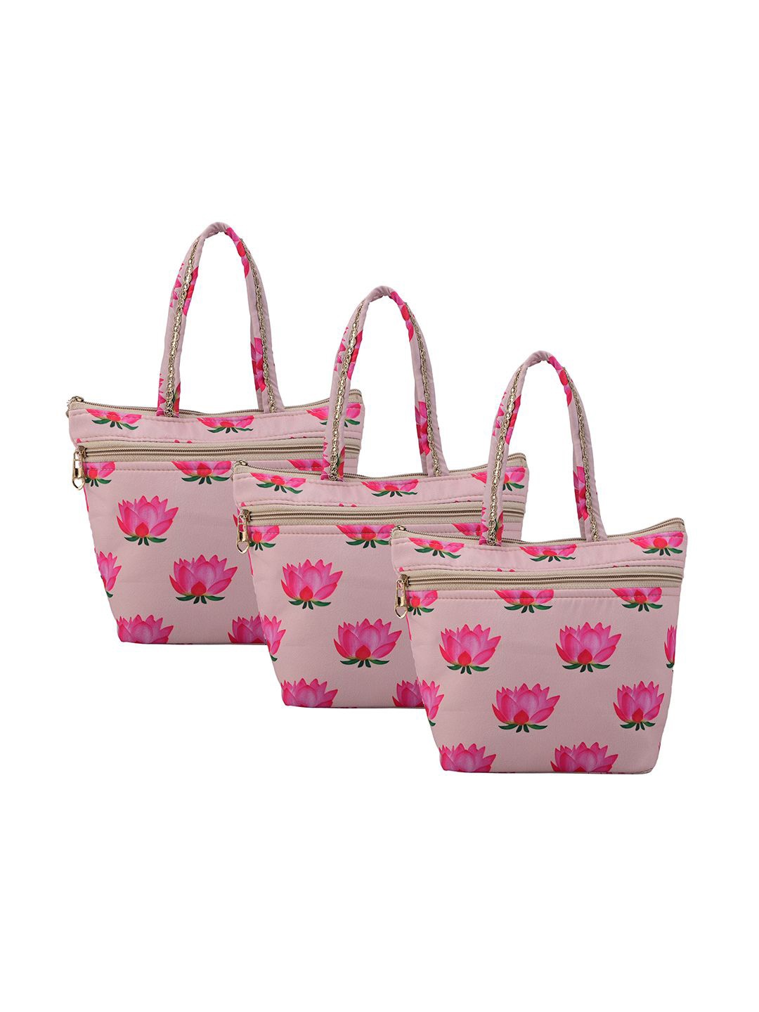 

Kuber Industries Set Of 3 Lotus Printed Pure Silk Hand Bags, Cream