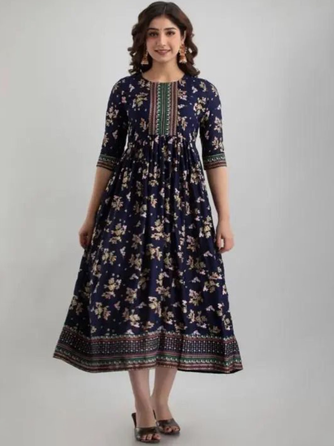 

clothonus Maternity Floral Printed Gotta Patti Work Pleated Anarkali Ethnic Dress, Blue