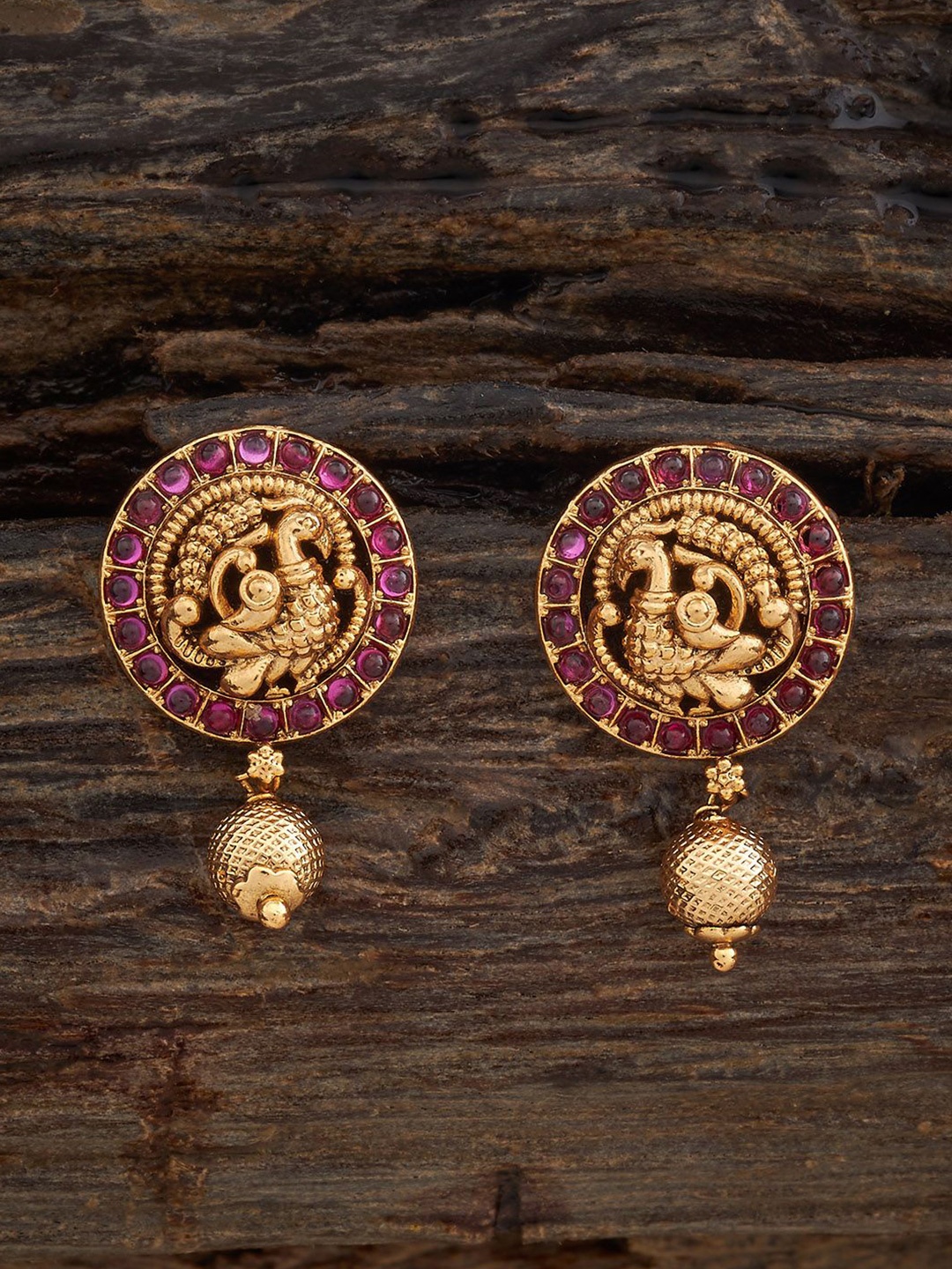 

Kushal's Fashion Jewellery Ruby Gold-Plated Stones Studded Antique Drop Earrings