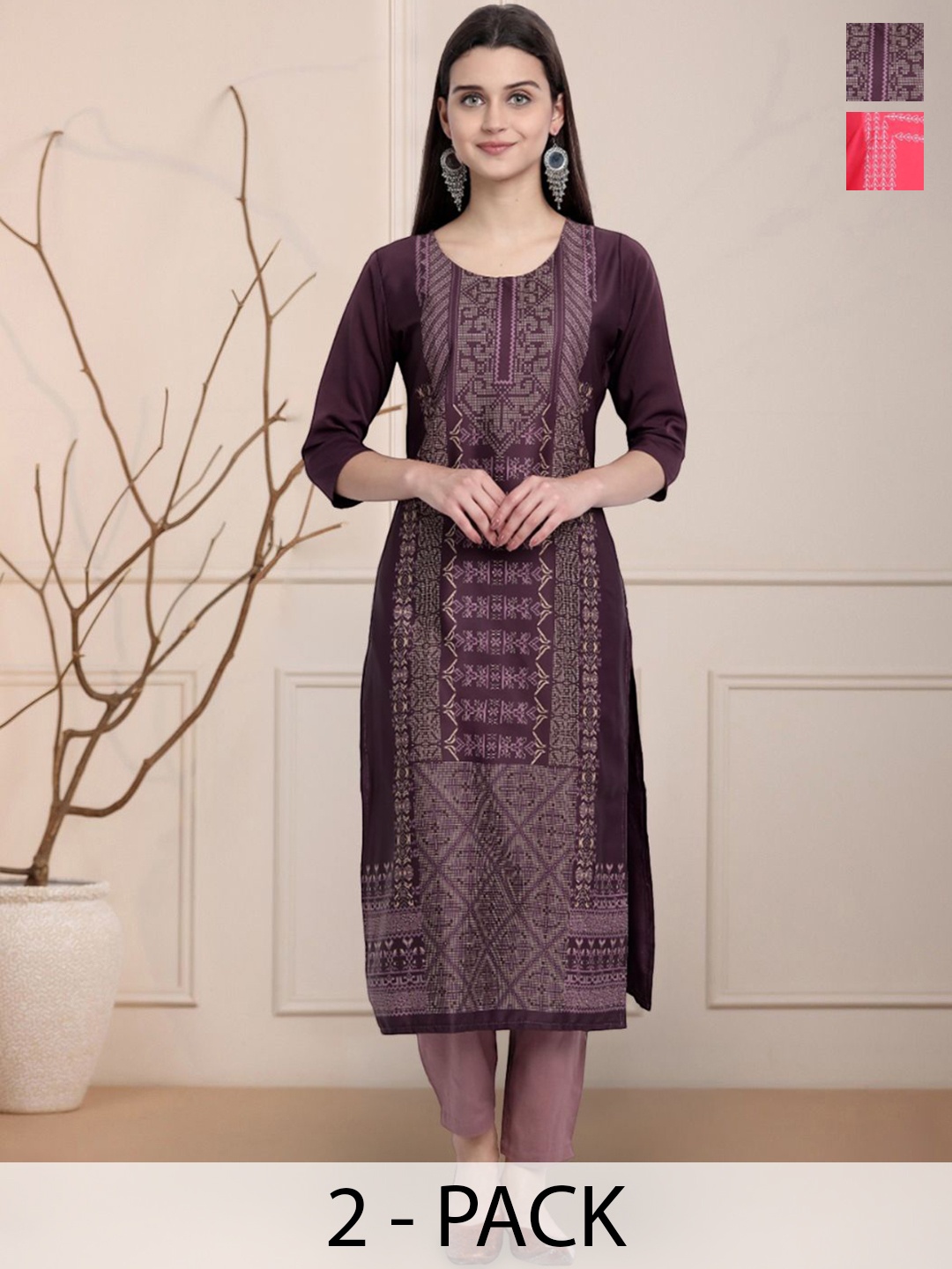 

Moda Rapido Burgundy Selection Of 2 Ethnic Motifs Printed Round Neck Straight Kurtas