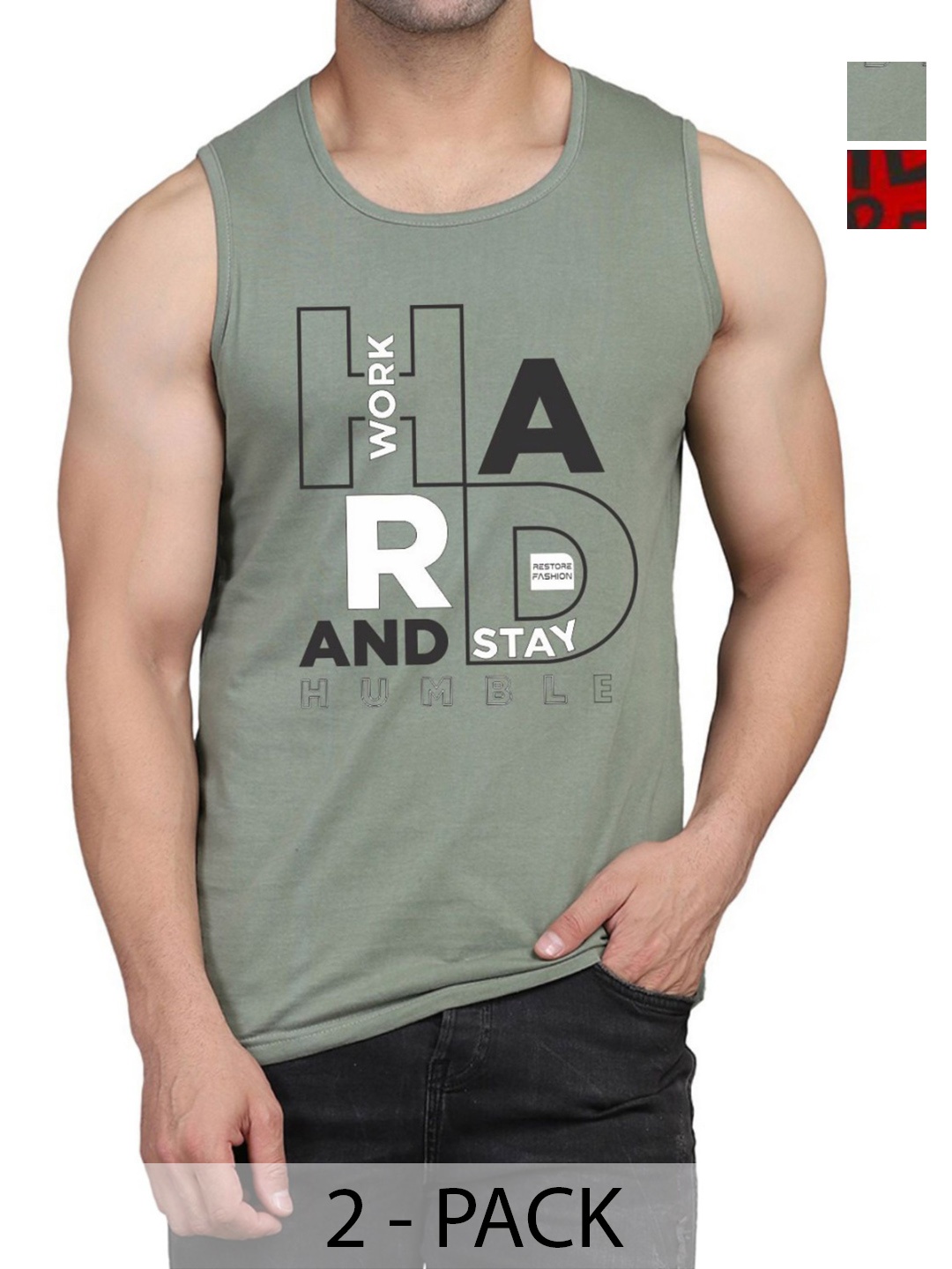 

WOOSTRO Men Pack Of 2 Typography Printed Round Neck Cotton Slim Fit T-shirts, Green