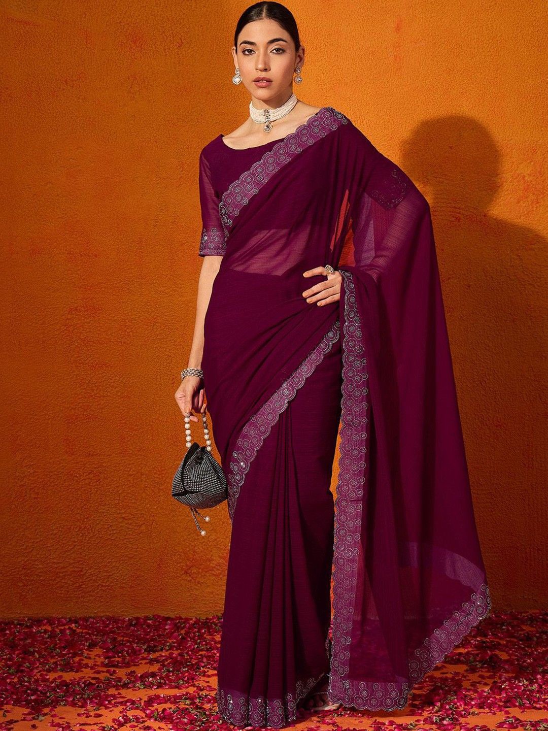 

SWADESI STUFF Beads and Stones Pure Georgette Saree, Purple