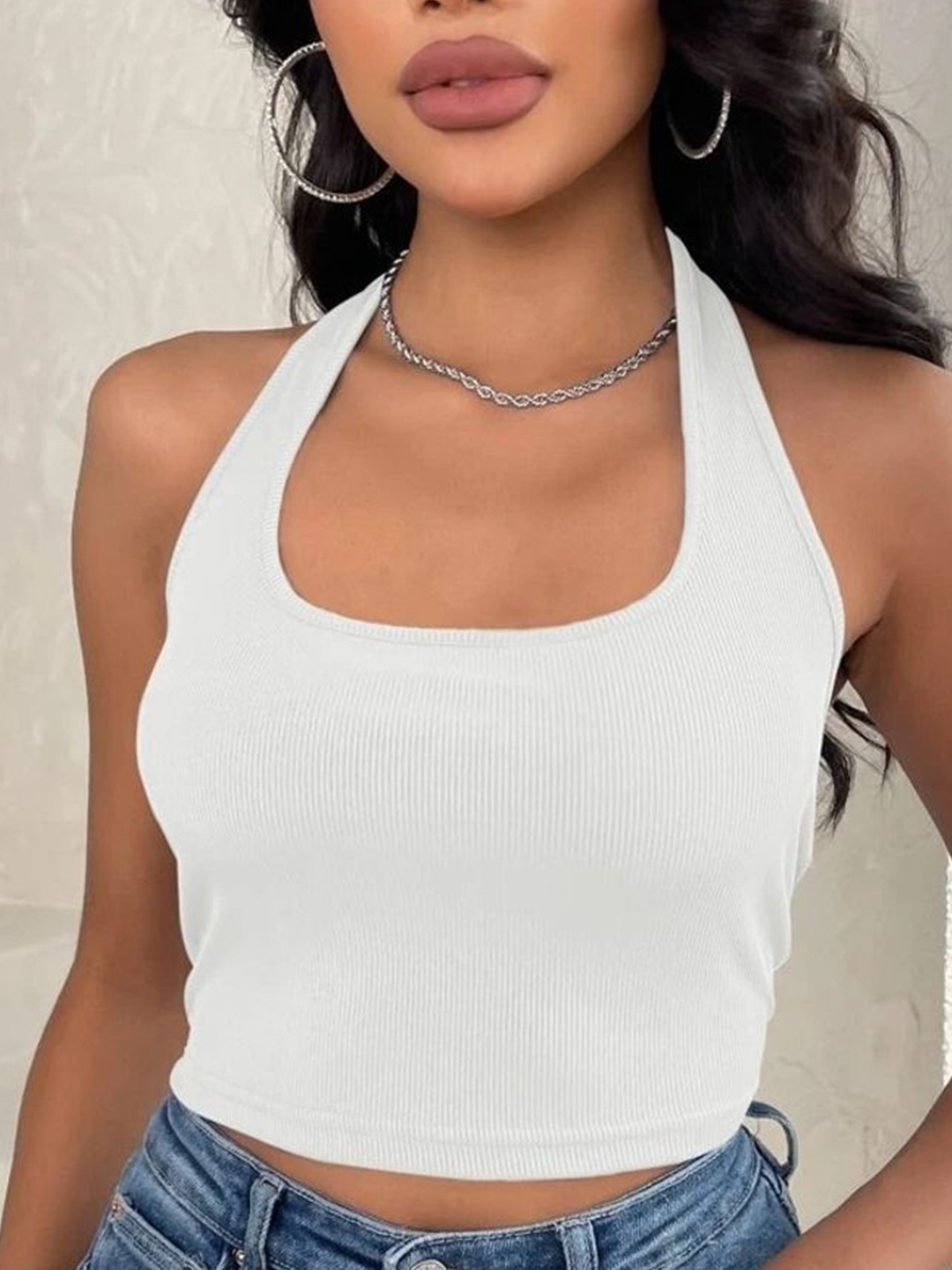 

KASHIAN Women Halter Neck Crop Top, White