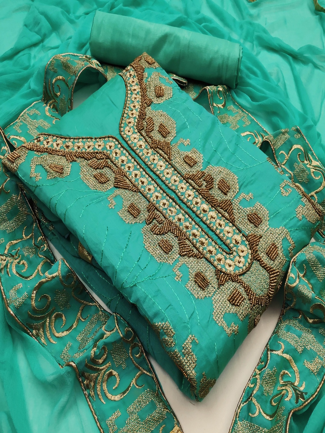 

HERE&NOW Paisley Embroidered Beads and Stones Chanderi Unstitched Dress Material, Sea green