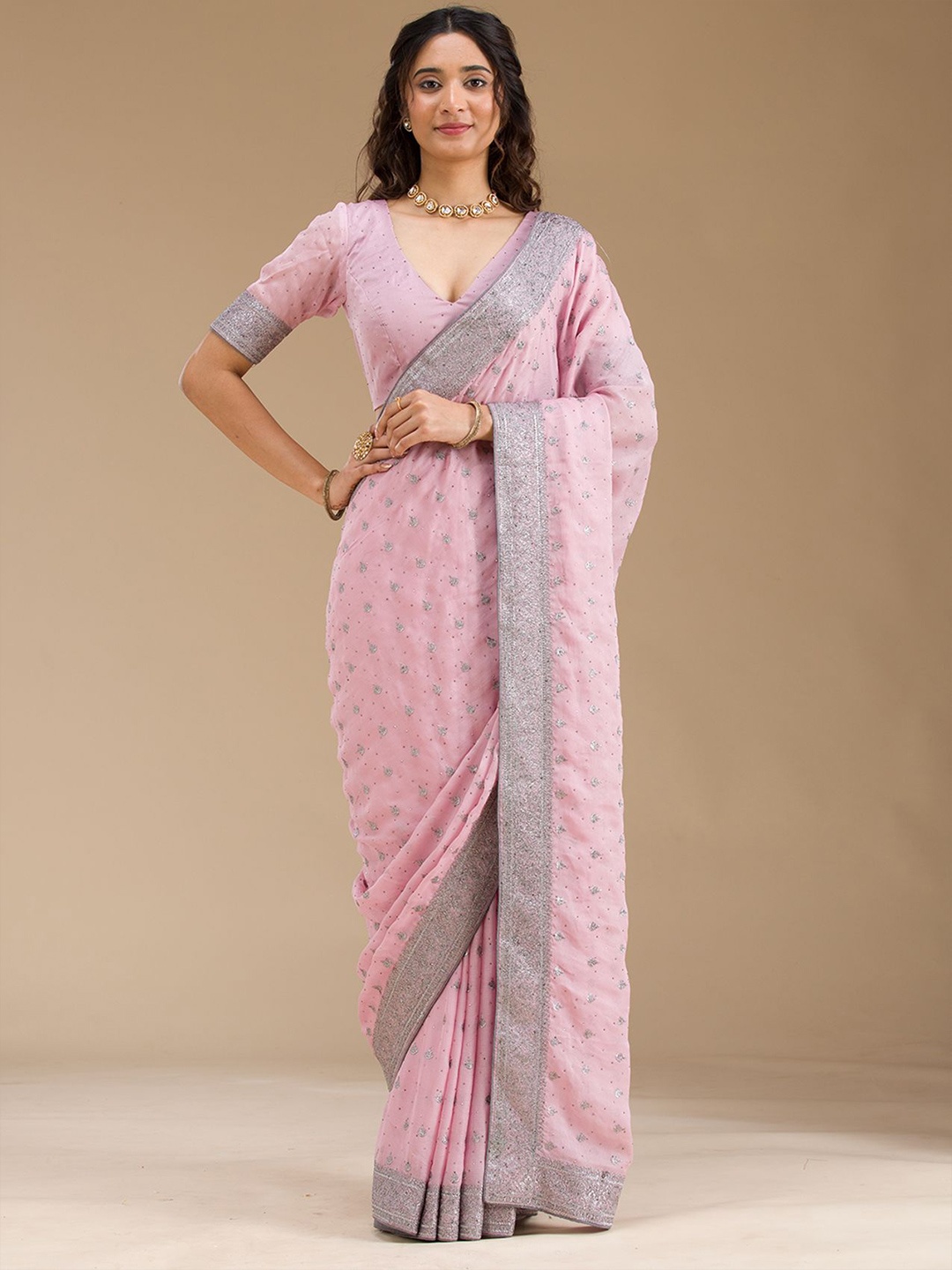 

Koskii Pink Zariwork Georgette Saree