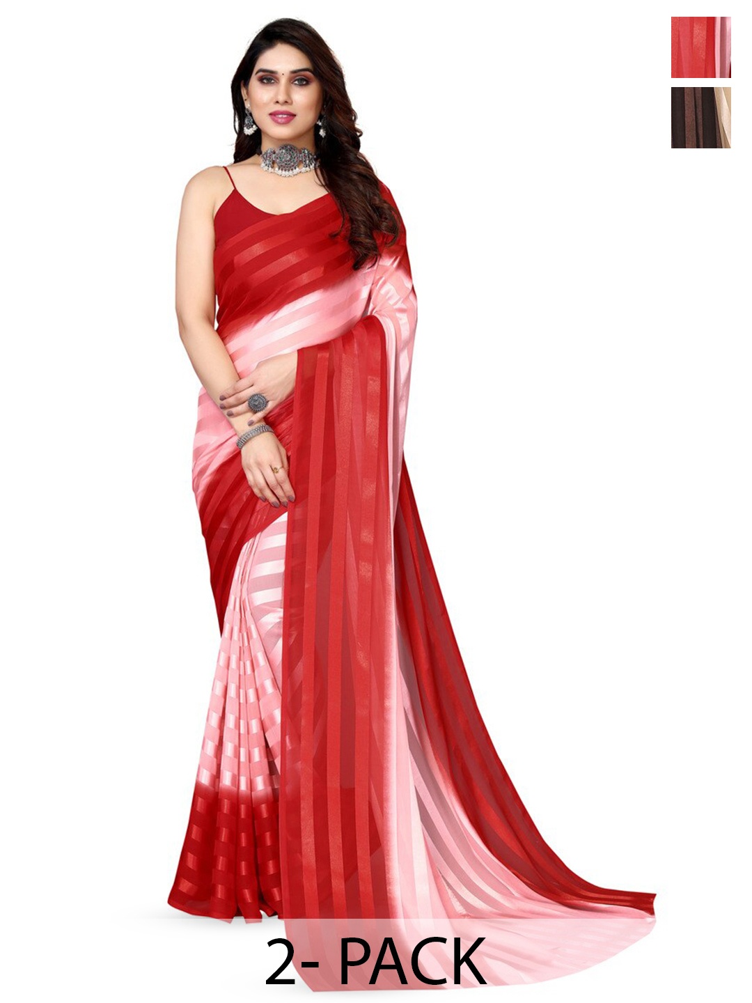 

Moda Rapido Set of 2 Striped Satin Sarees, Red
