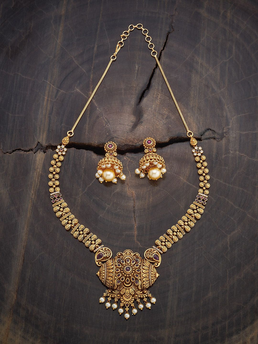 

Kushal's Fashion Jewellery Copper Ruby-Green Gold-Plated Antique Necklace