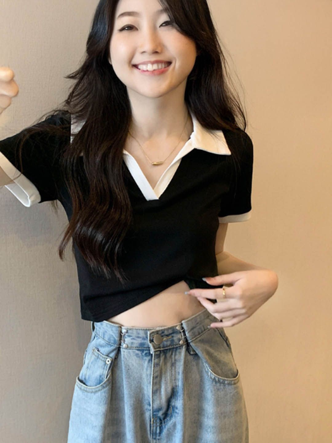 

StyleCast Women Colourblocked Shirt Style Crop Top, Black