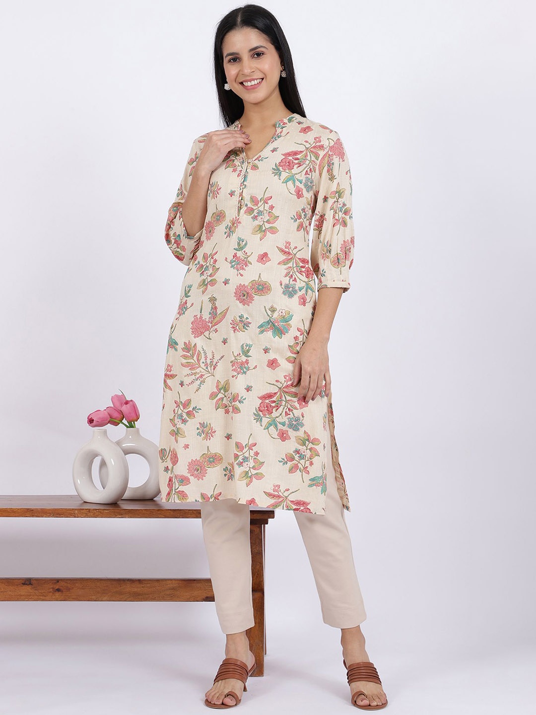 

W Women Floral Printed Mandarin Collar Puff Sleeves Straight Kurta, Beige