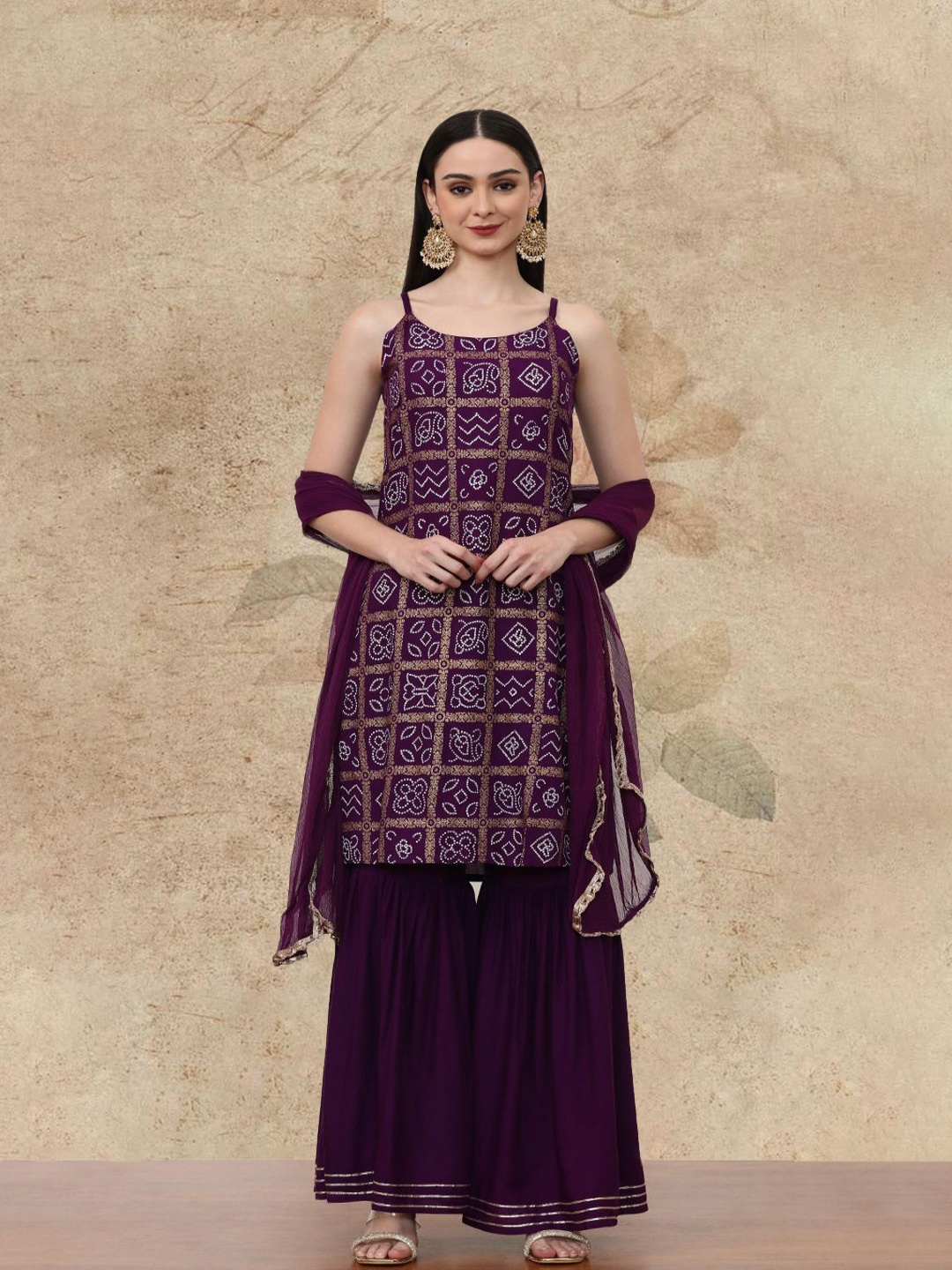 

AVANSHEE Bandhani Printed Round Neck Straight Kurta With Sharara And Dupatta, Purple