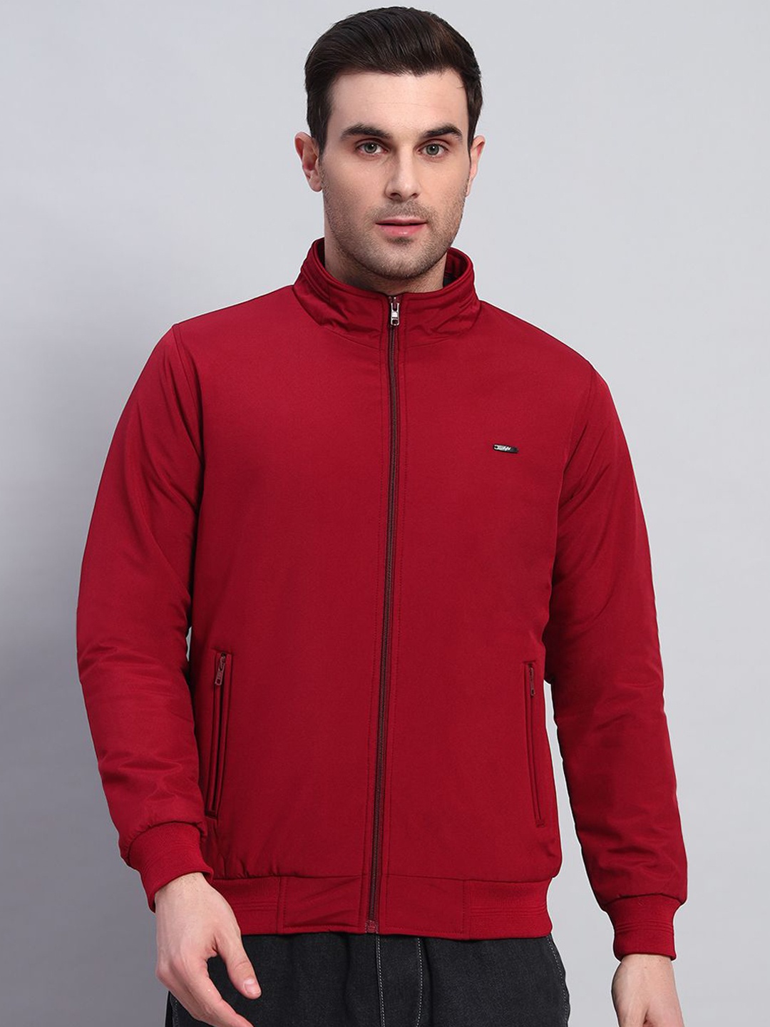 

AR-FIT Men Mock Collar Solid Casual Water Resistant Bomber Jacket, Maroon