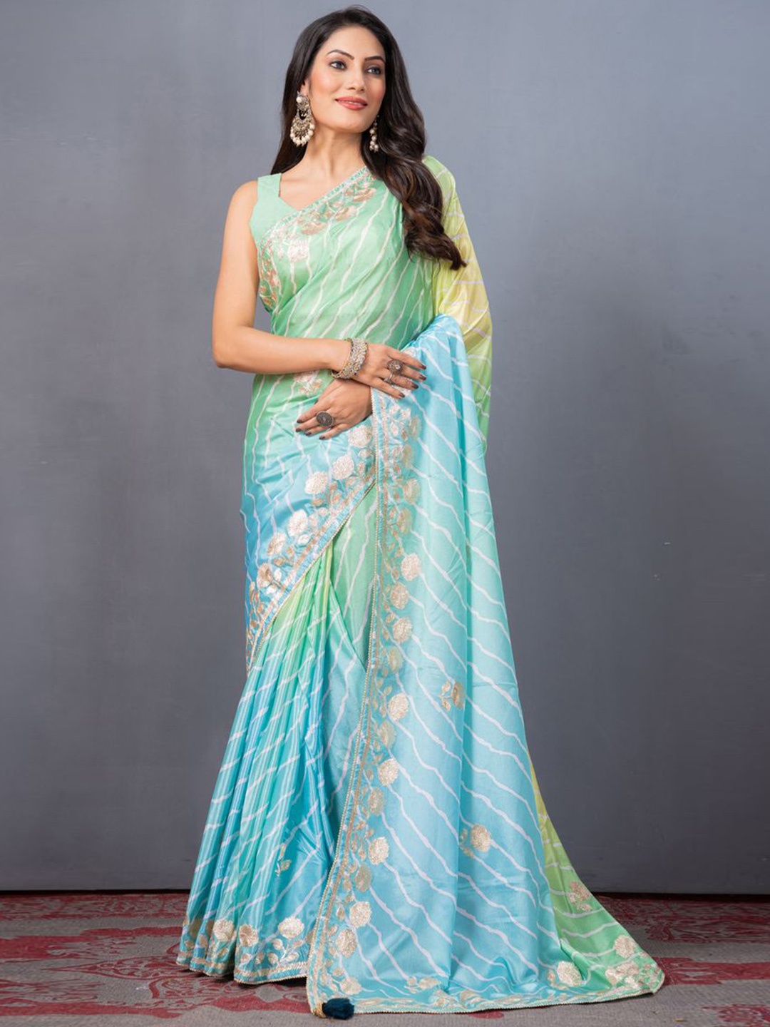 

KAJREE Leheriya Gotta Patti Pure Silk Leheriya Saree, Blue