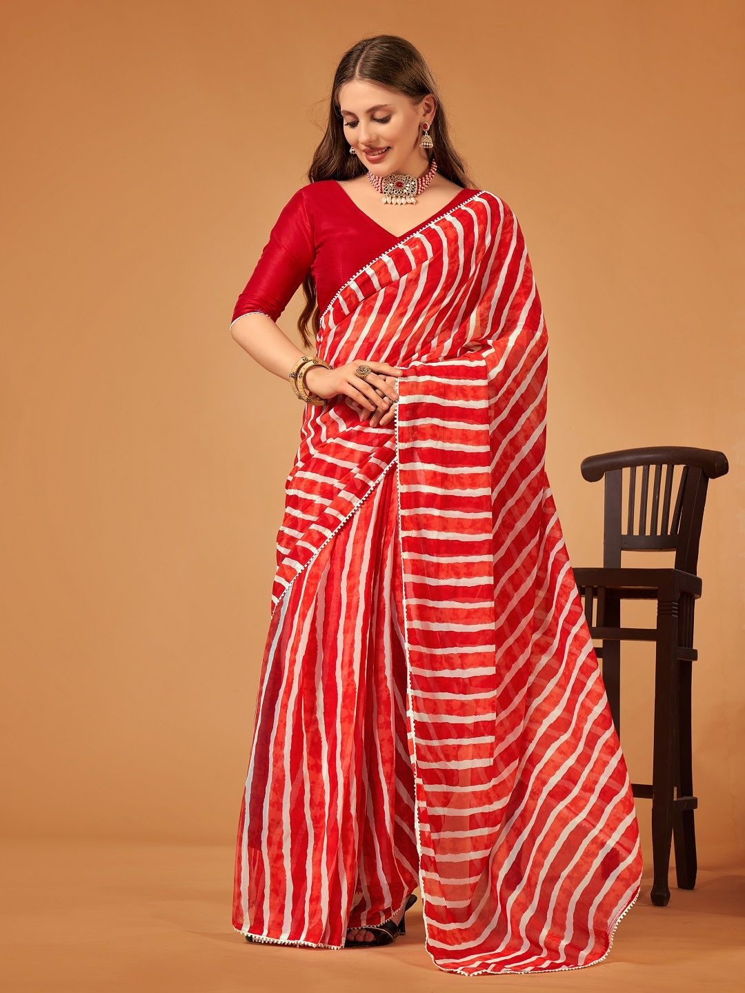 

Moda Rapido Leheriya Gotta Patti Pure Georgette Ready to Wear Leheriya Saree, Red