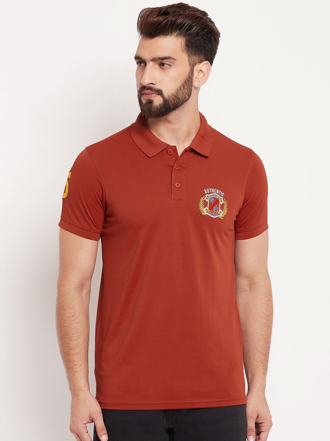 

AUXAMIS Men Polo Collar Pockets T-shirt, Rust