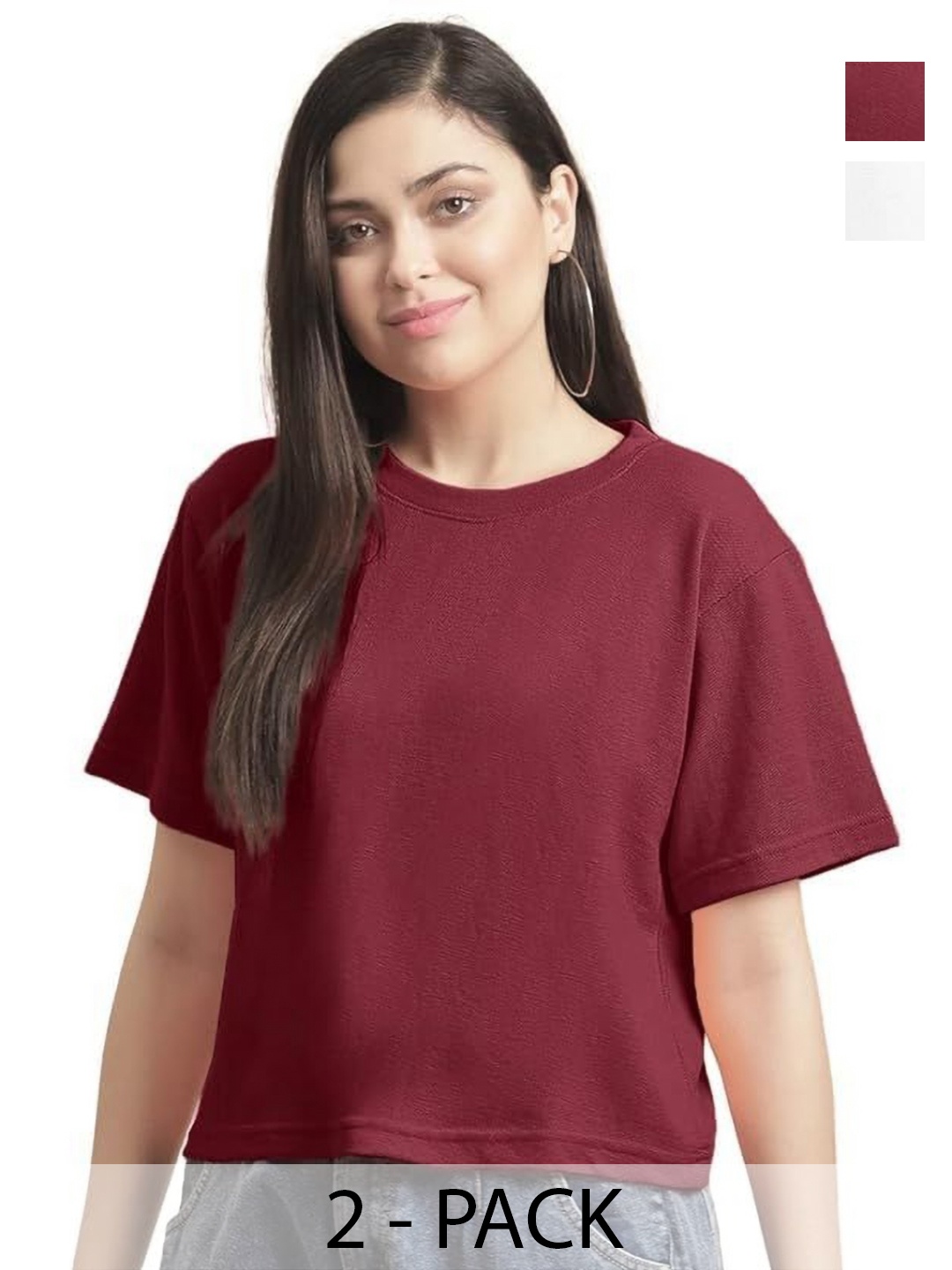 

NOTWILD Women Pack Of 2 Solid Cotton Relaxed Fit T-shirts, Maroon