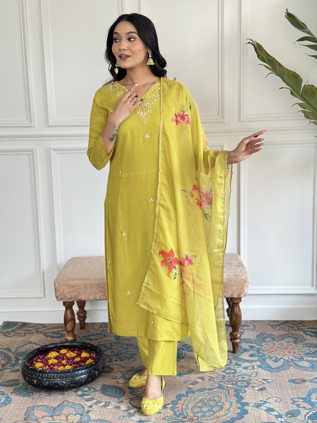 

BAESD Floral Embroidered V-Neck Straight Kurta With Trousers And Dupatta, Lime green