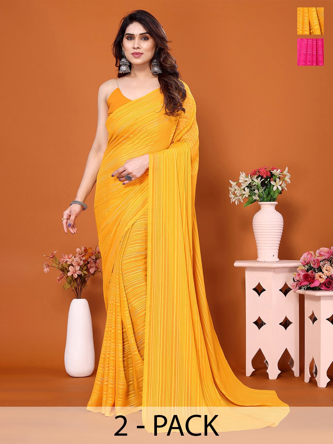 

Moda Rapido Pack Of 2 Striped Satin Saree, Yellow