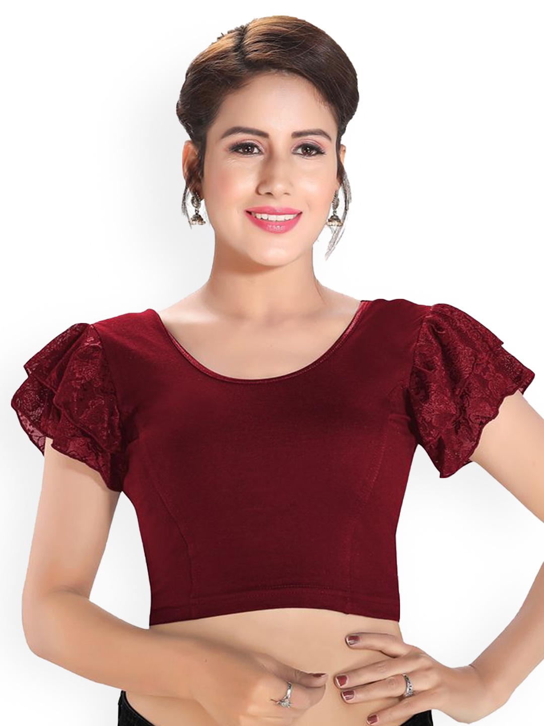 

Mmore Round Neck Short Sleeves Stretchable Saree Blouse, Maroon