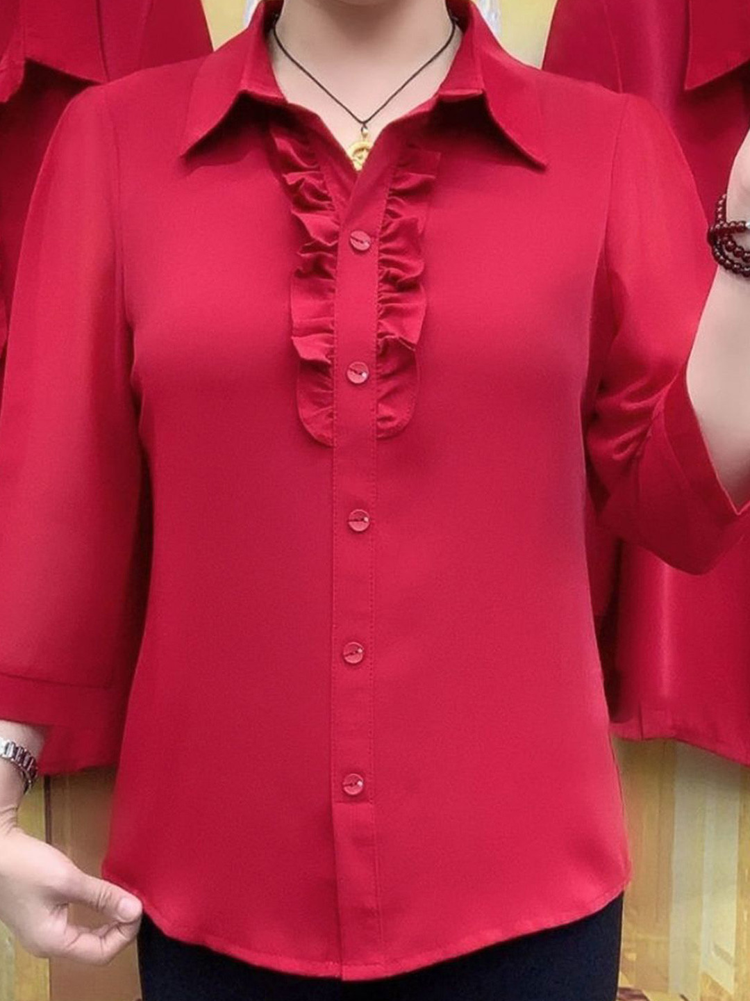 

bebe Women Slim Fit Spread Collar Solid Casual Shirt, Red