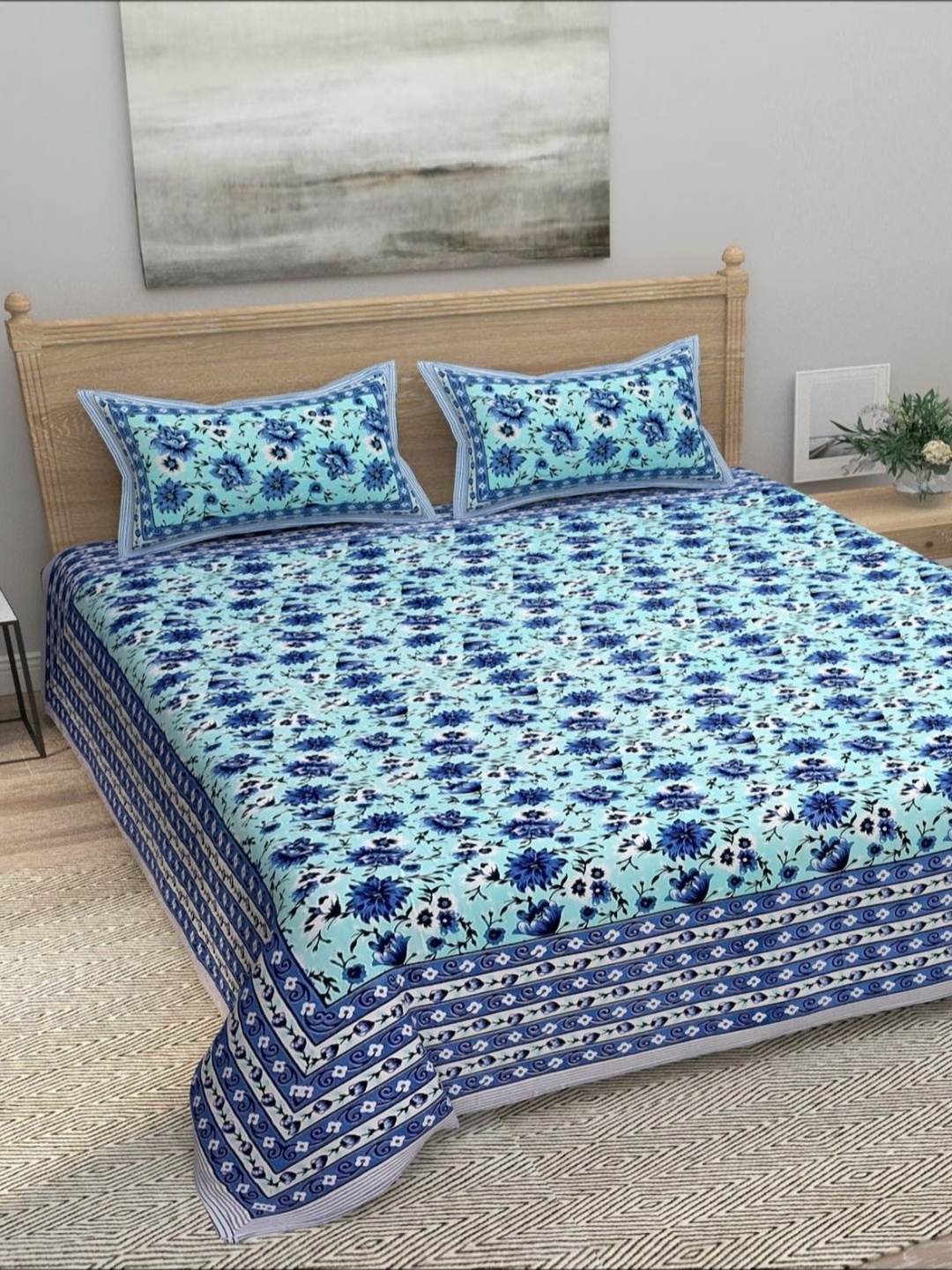 

Myntra Elegant Homes Blue Printed Pure Cotton 180 TC King Bedsheet Set 2.74 m x 2.54m