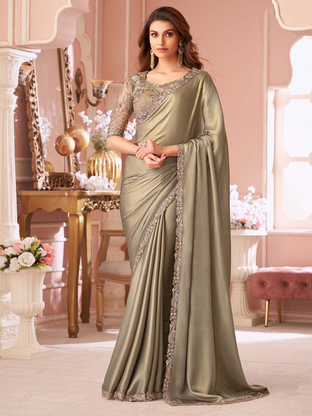

Mitera Sequinned Pure Chiffon Saree, Grey
