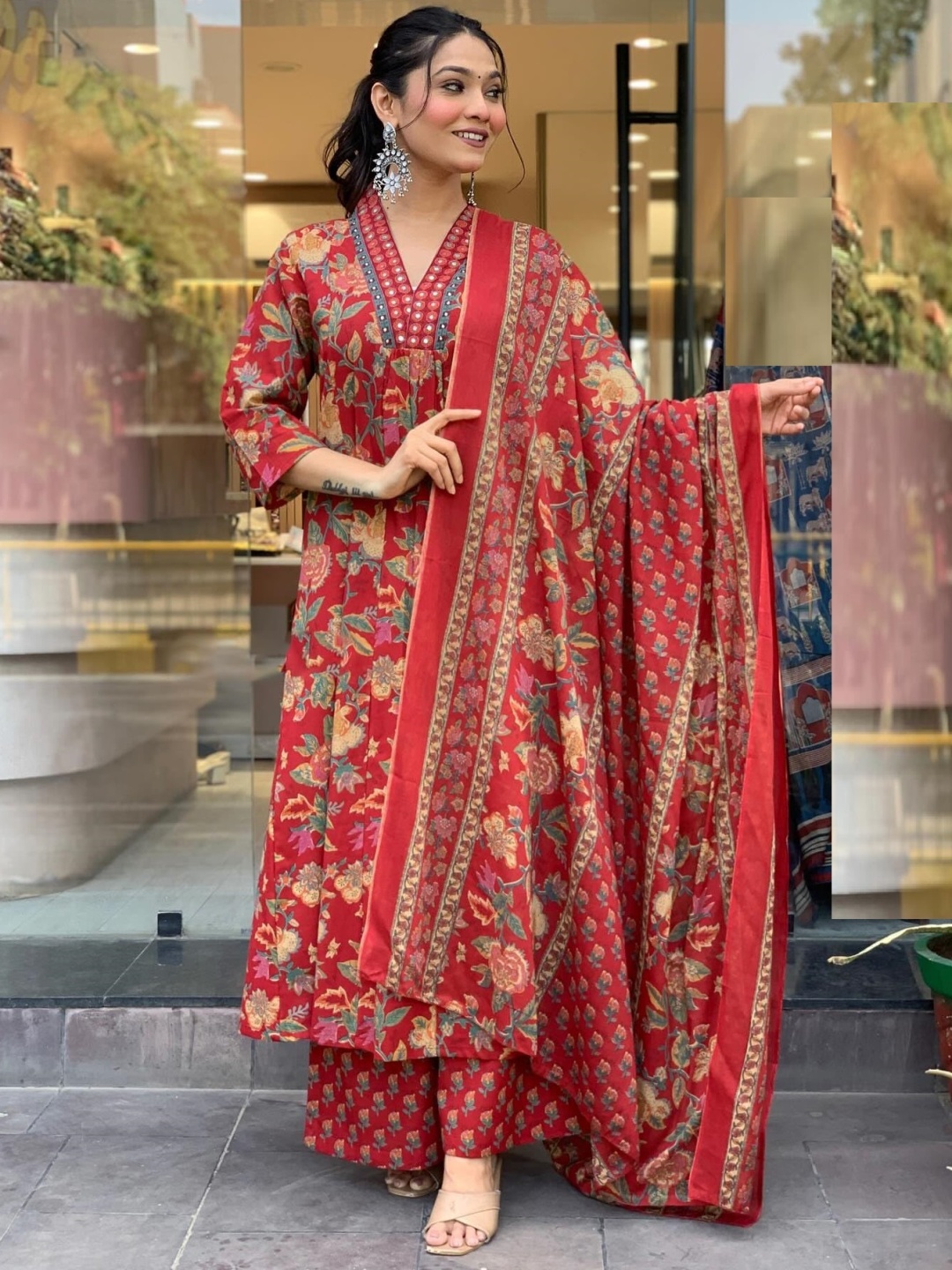 

KALINI Floral Printed Pleated V-Neck Mirror Work A-Line Kurta With Trousers And Dupatta, Red