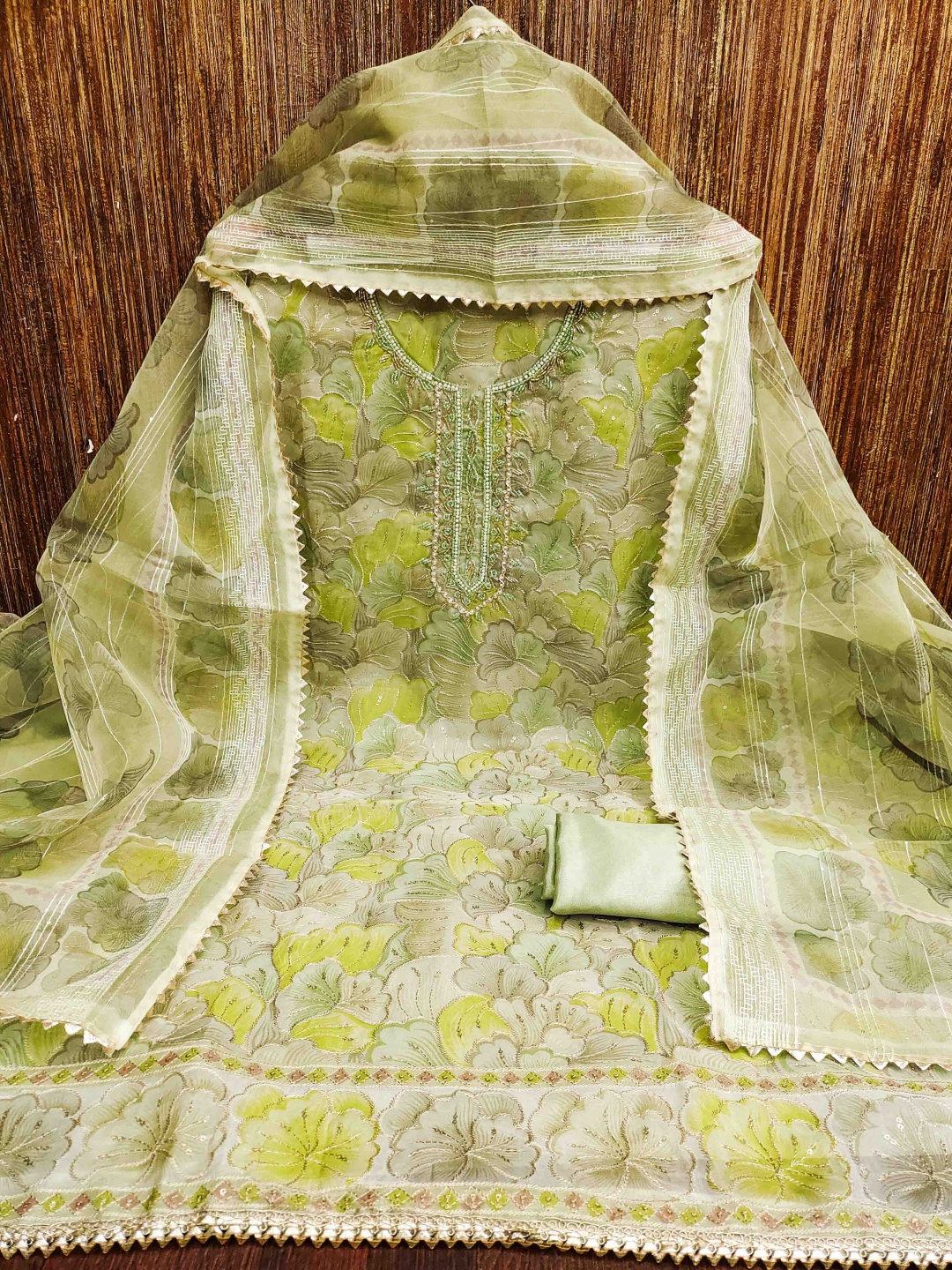 

Blissta Floral Embellished Organza Unstitched Dress Material, Green