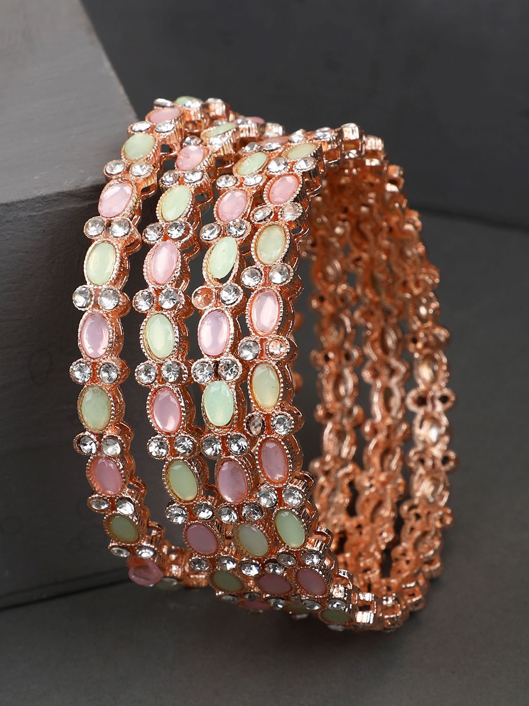 

EVY Set Of 4 Rose Gold-Plated Cubic Zircon-Studded Bangles