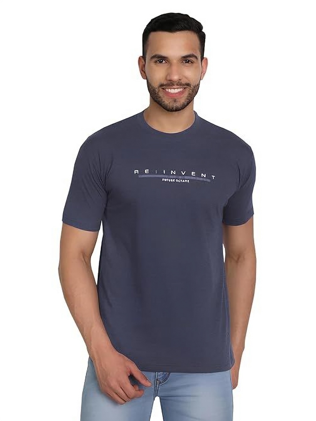 

BAESD Men Typography Printed Round Neck Cotton Slim Fit T-shirt, Navy blue