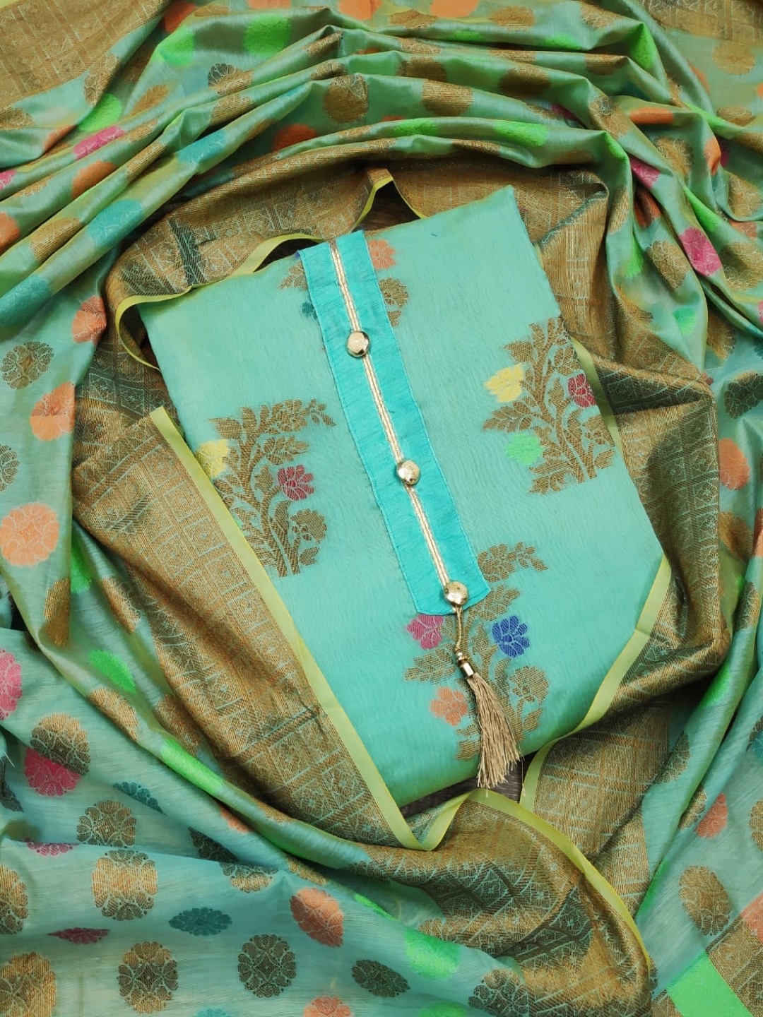 

HERE&NOW Floral Woven Design Unstitched Dress Material, Sea green