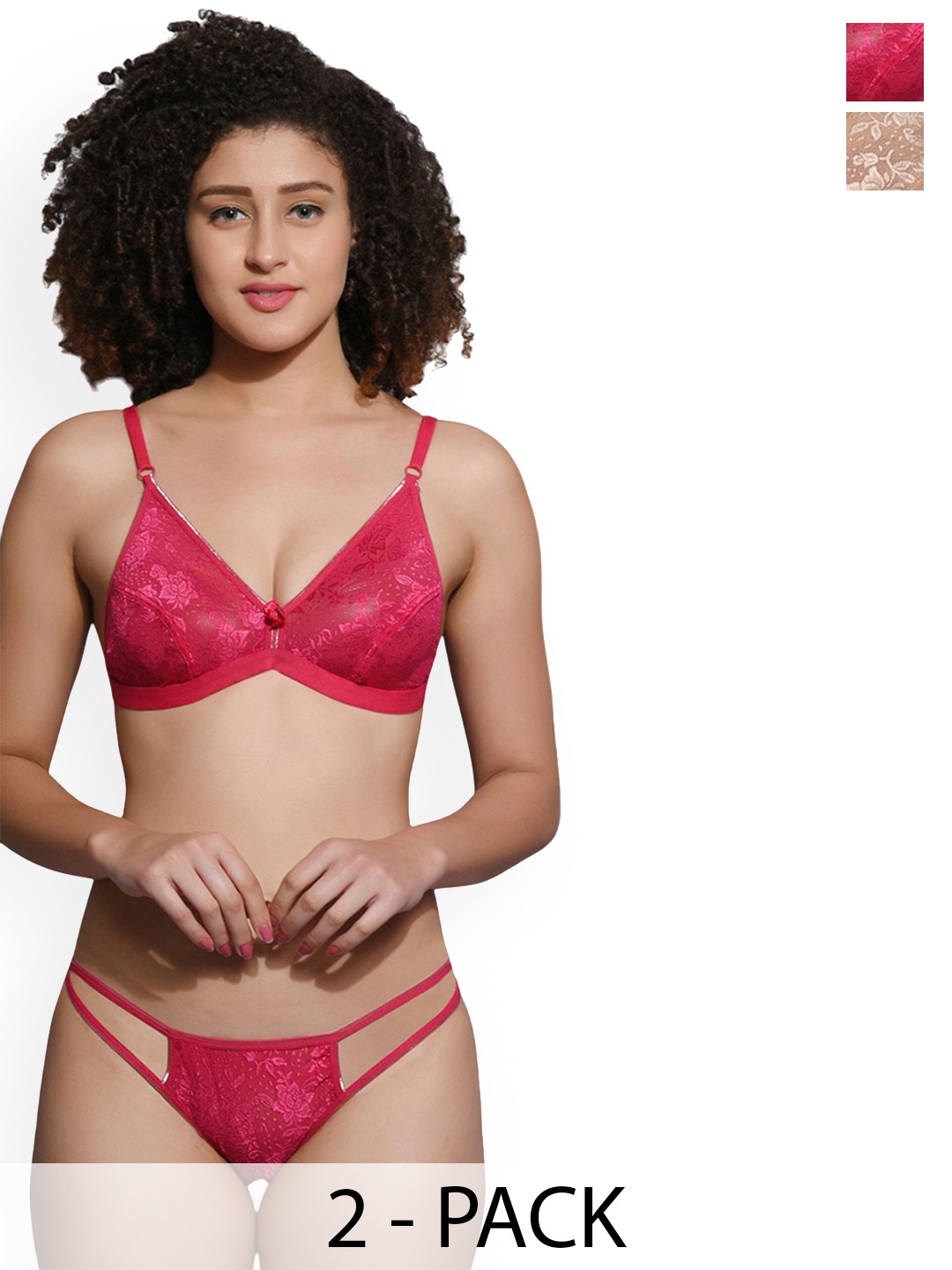 

chia fashions Women Pack Of 2 Non Padded Lingerie Set CHIAF-070-PNK-BEG-30B, Pink