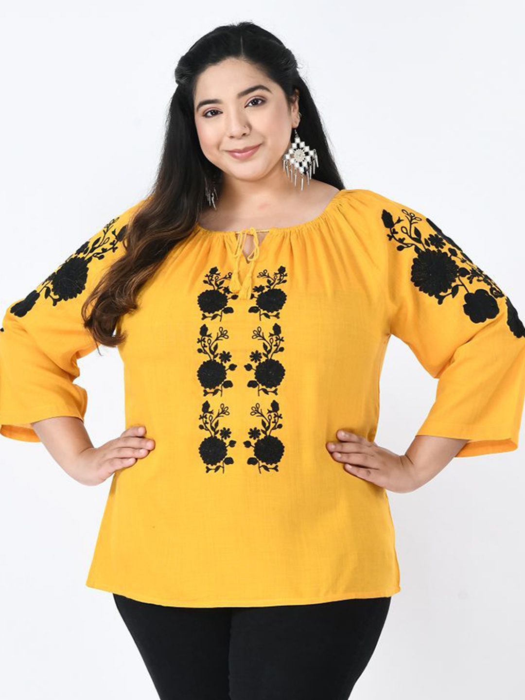 

VAAMII Women Plus Size Floral Embroidered Tie-Up Neck Top, Mustard