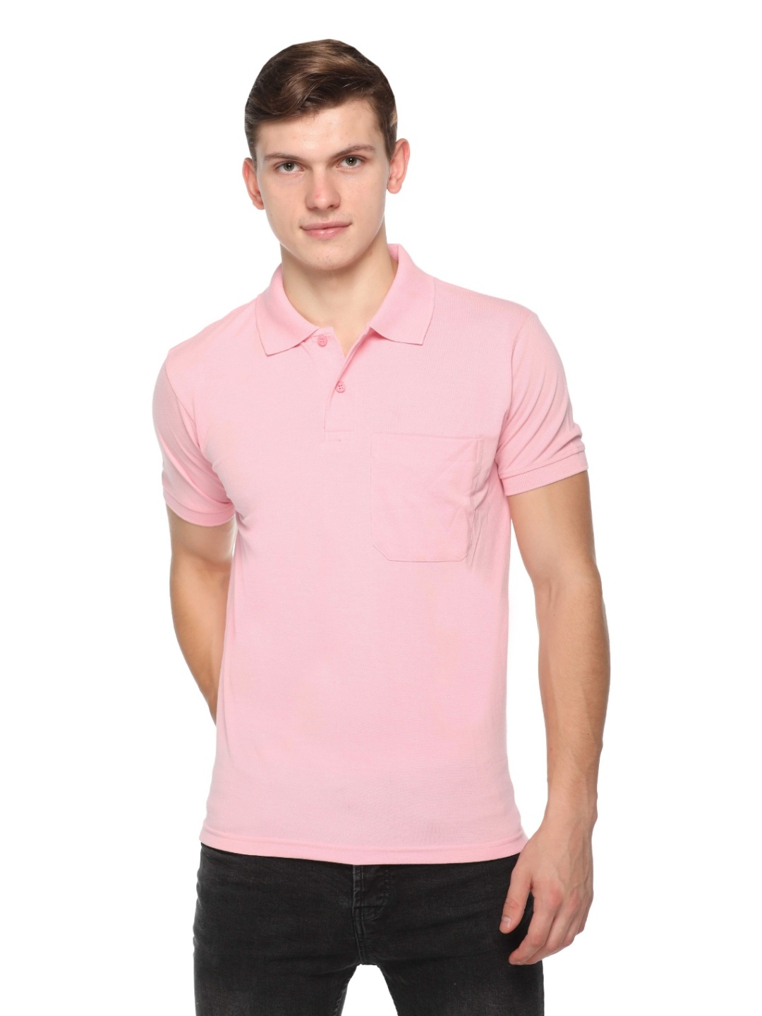 

Colors and Blends Men Solid Polo Collar Cotton T-shirt, Pink