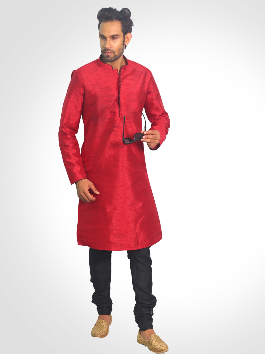 

House of Aqss Mandarin Collar Straight Kurta With Pyjamas, Red