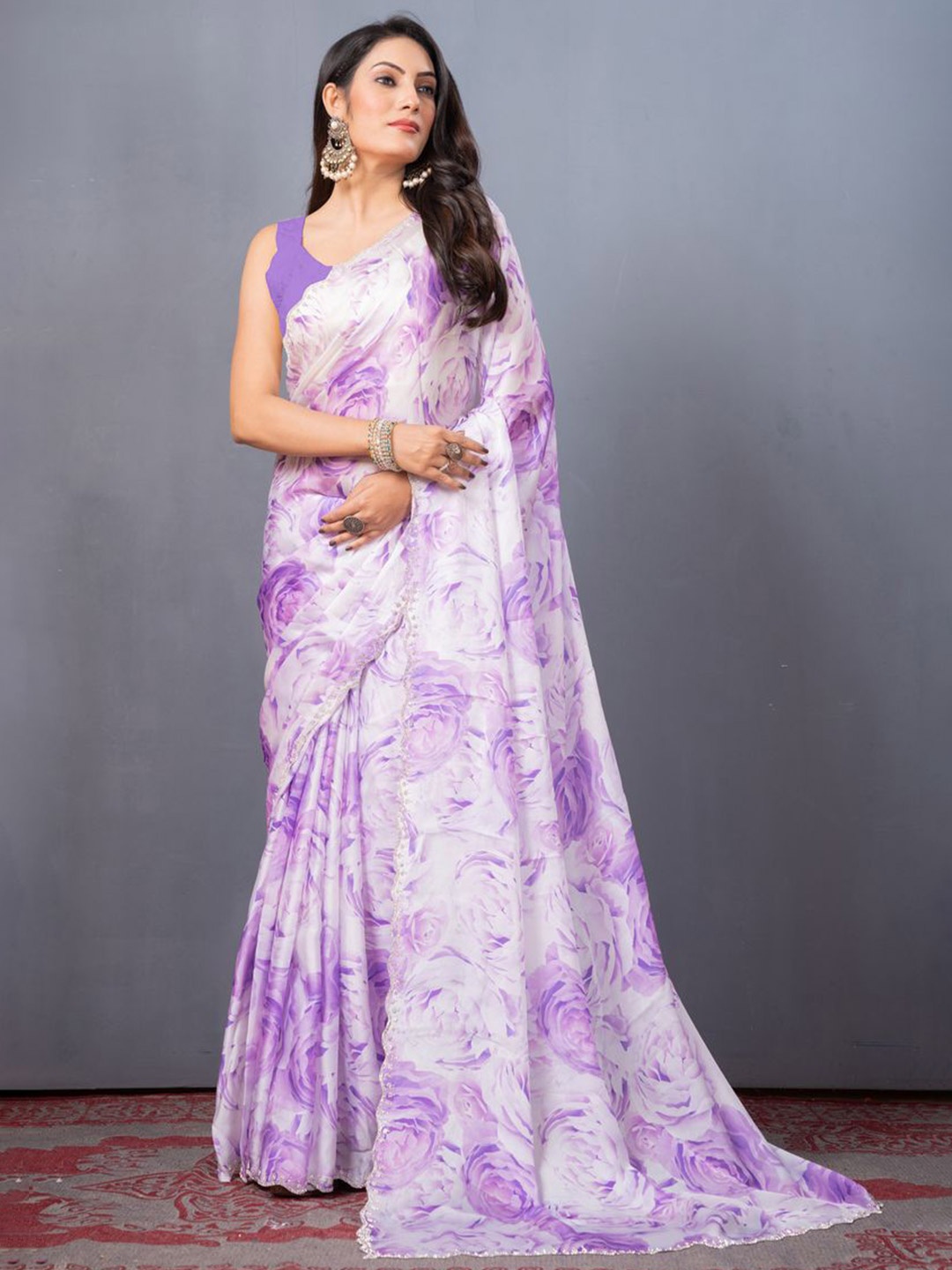 

KAJREE Floral Beads and Stones Satin Saree, Lavender