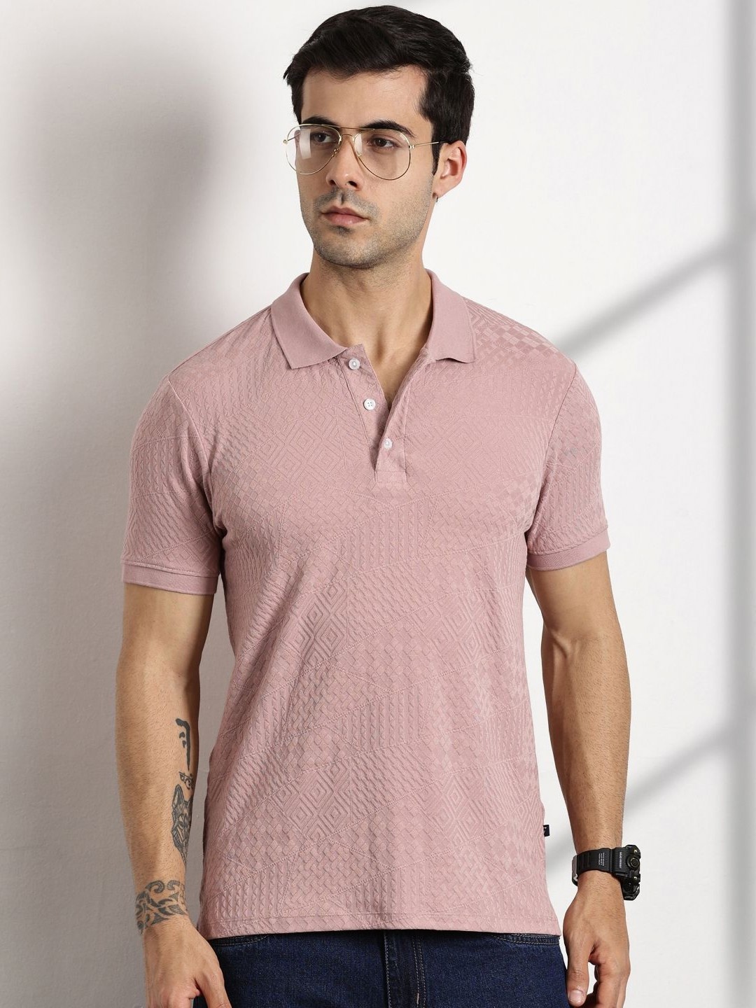 

Thomas Scott Men Self Design Polo Collar T-shirt, Mauve