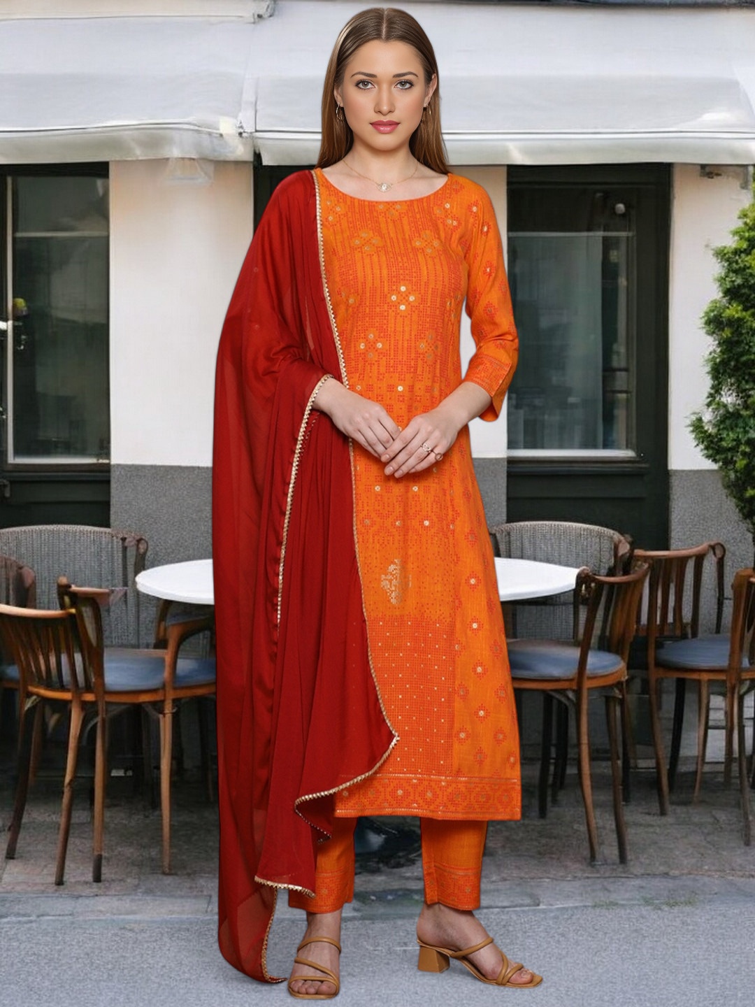 

True Shape Floral Printed Round Neck Cotton Straight Kurta With Trouser & Dupatta, Orange