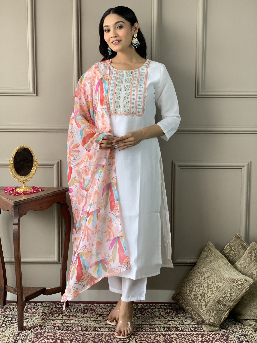 

Moda Rapido Yoke Design Thread Work Straight Kurta With Trousers And Dupatta, White