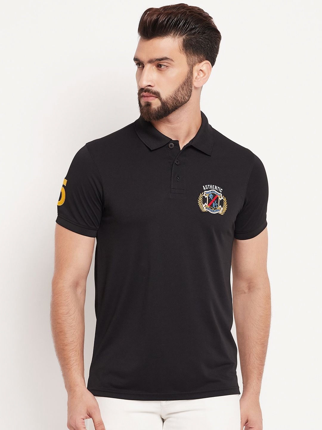 

AUXAMIS Men Polo Collar Extended Sleeves Pockets T-shirt, Black
