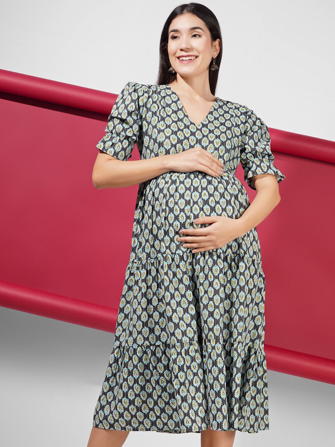 

angloindu Print Maternity A-Line Midi Dress, Black