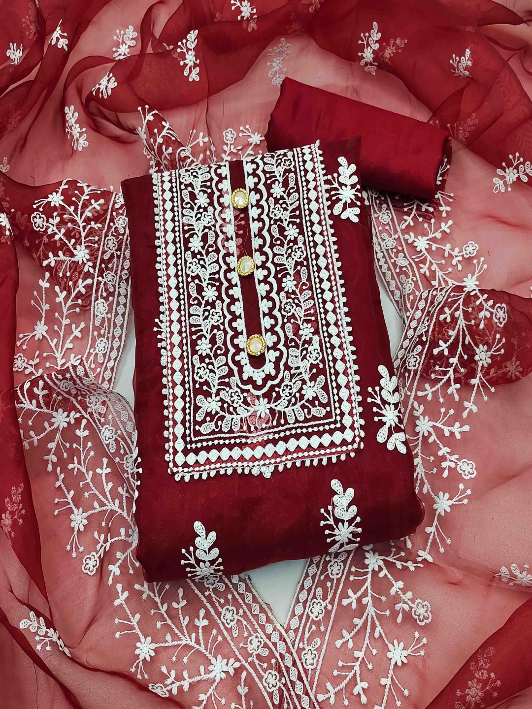 

KIMISHA Floral Embroidered Organza Unstitched Dress Material, Maroon