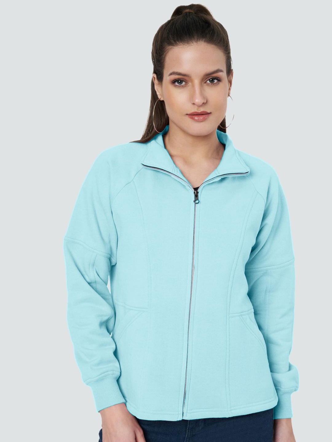 

BRINNS Women Mock Collar Solid Fleece Casual Bomber Jacket, Turquoise blue