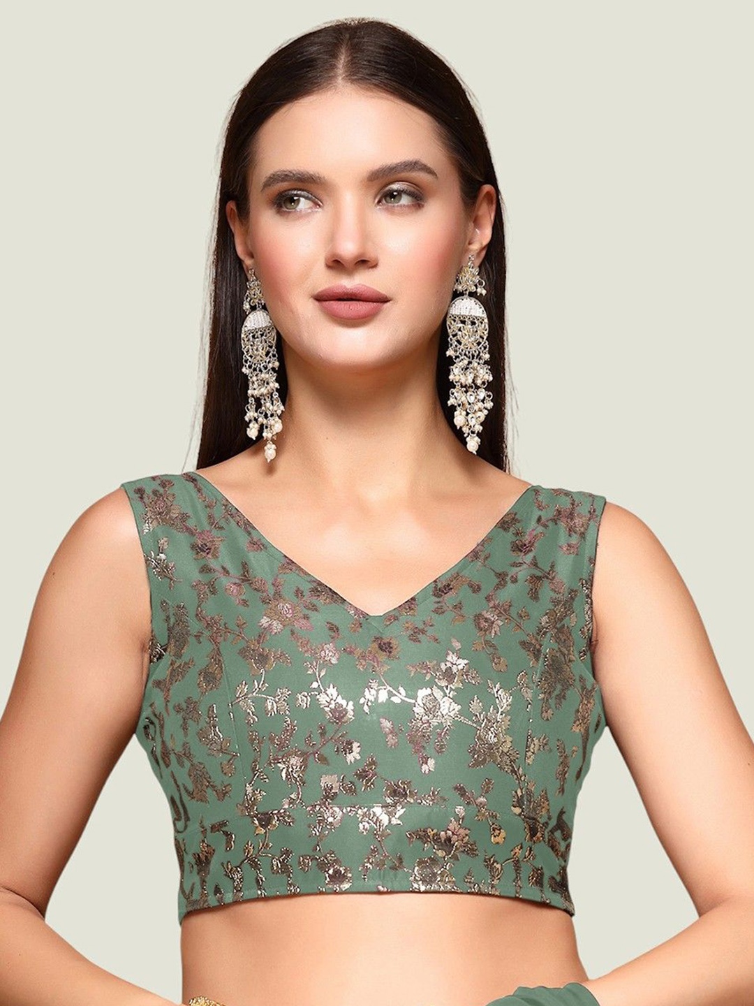 

Oomph! Self-Designed Jacquard Sleeveless V neck Saree Blouse, Green
