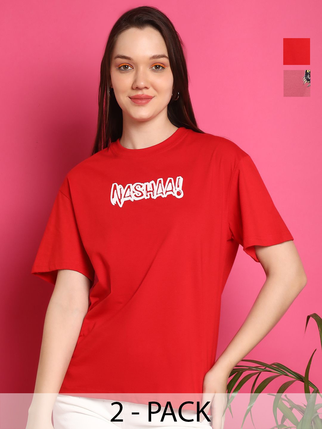 

Metronaut Women Pack Of 2 Graphic Printed Round Neck Cotton Oversized T-shirts, Red
