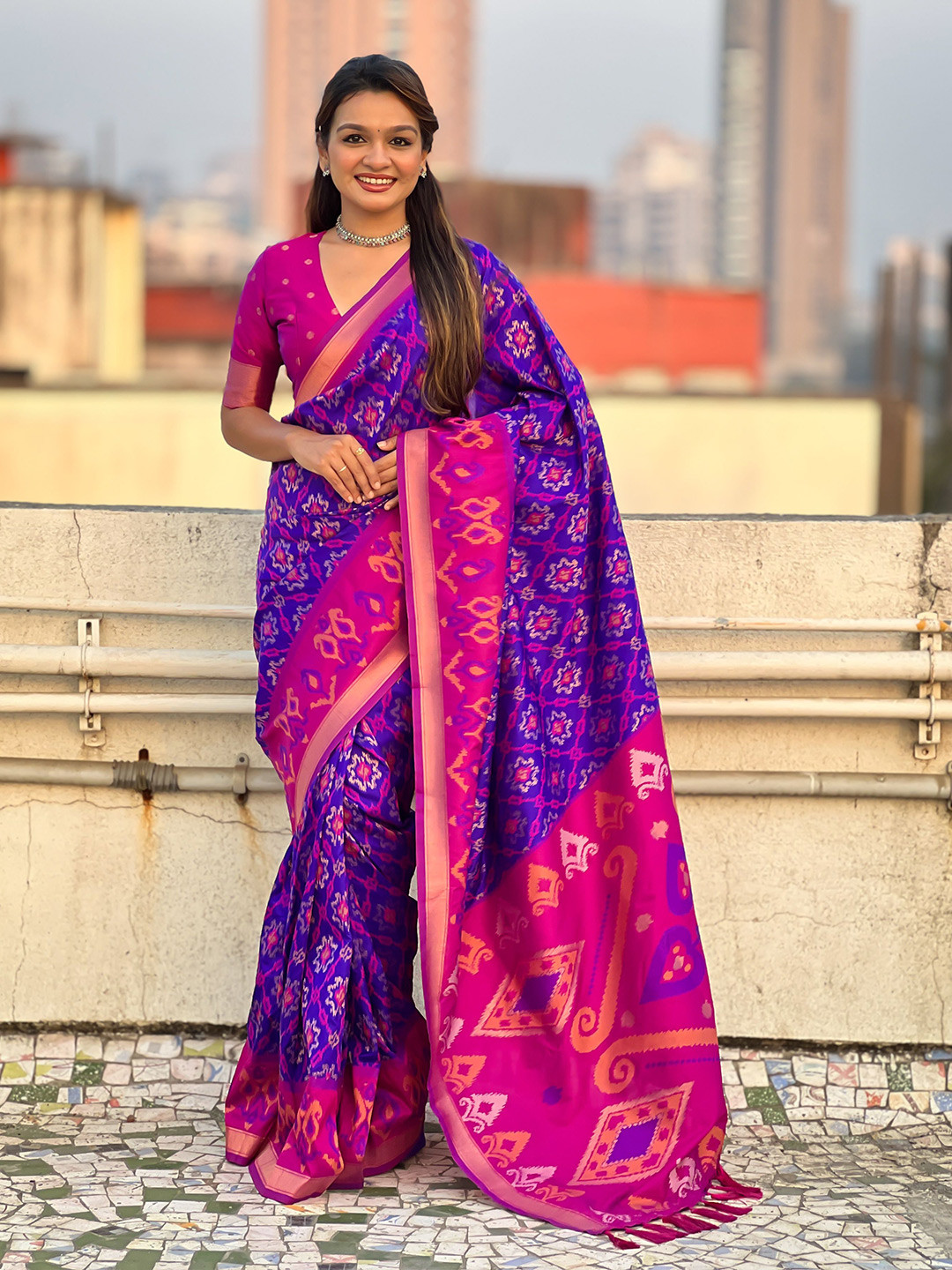 

Vintro Woven Design Zari Pure Silk Patola Saree, Violet