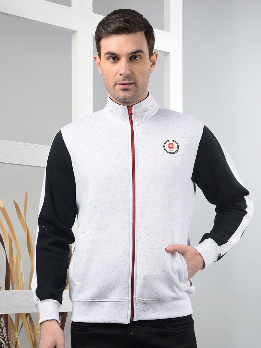

COBB Men Colourblocked Mock Collar Cotton Sweatshirt, Grey