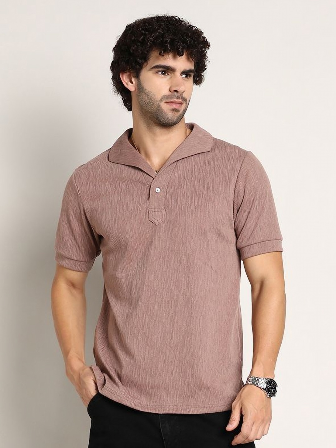 

Campus Sutra Men Self Design Polo Collar Cotton T-shirt, Brown