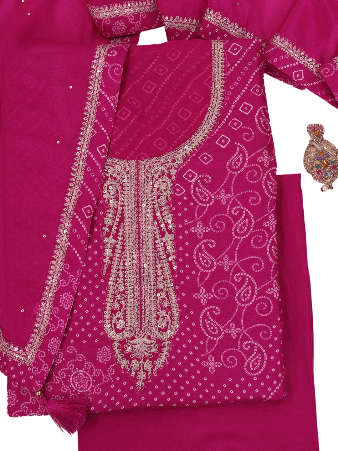 

KULEESH Bandhani Printed Sequinned Pure Silk Unstitched Dress Material, Magenta